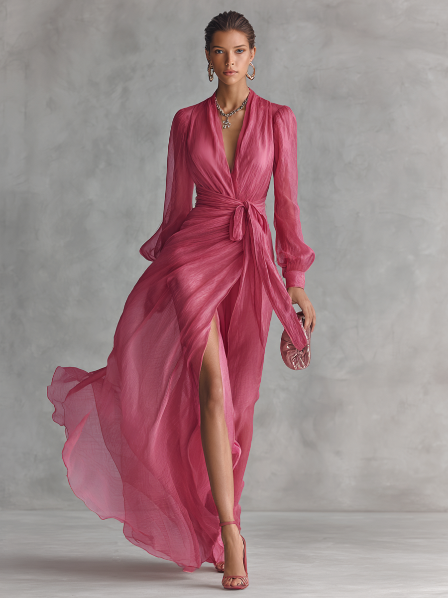 Roze Chiffon Haljina V-Izrez