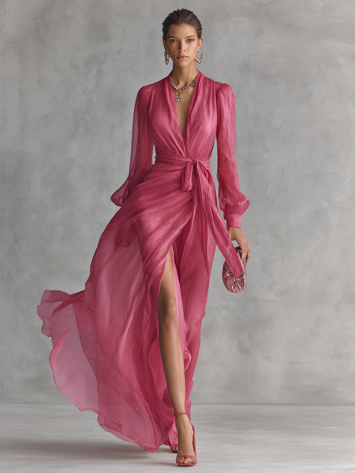 Roze Chiffon Haljina V-Izrez