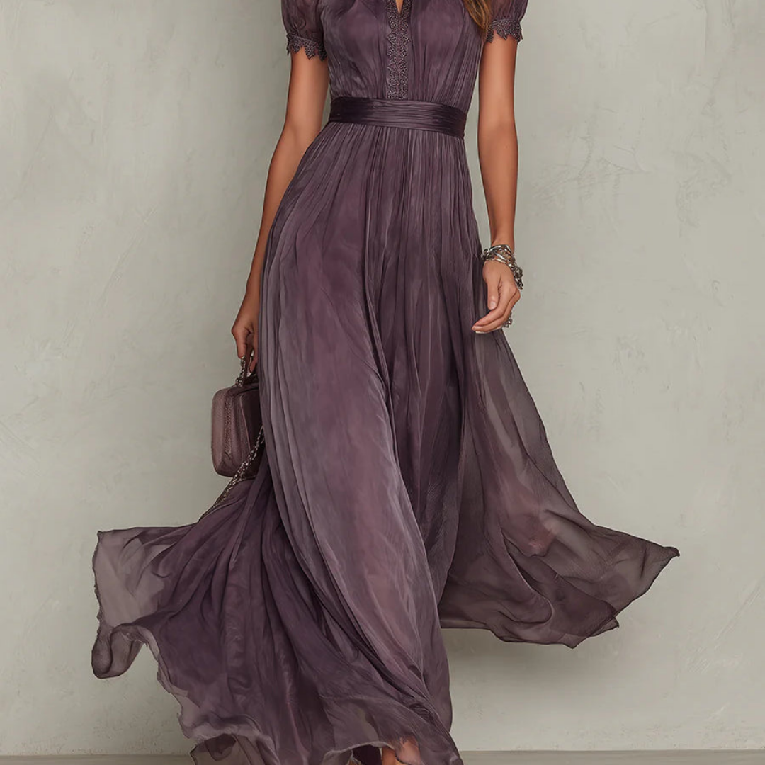 Vivienne - Haljina Maxi od Chiffon sa Čipkastim Okošem