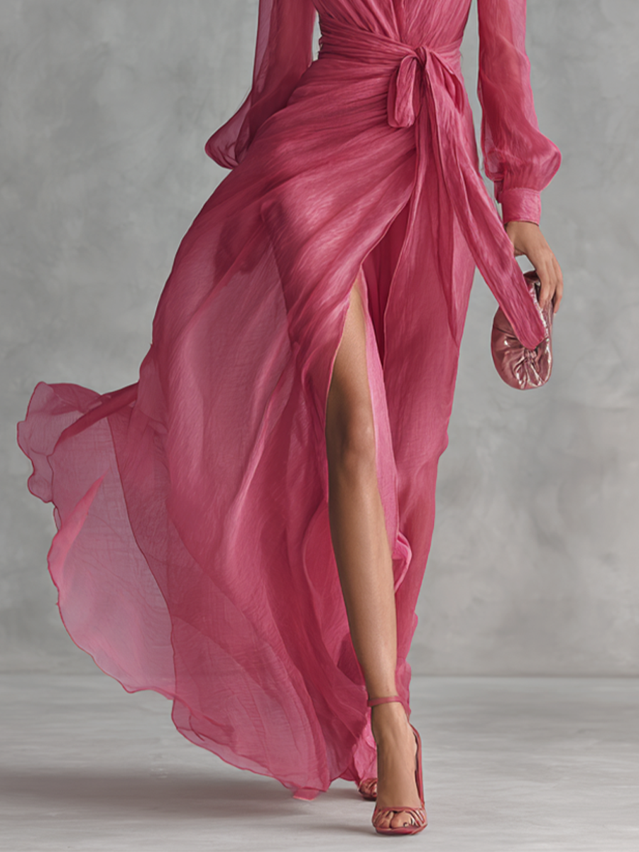 Roze Chiffon Haljina V-Izrez