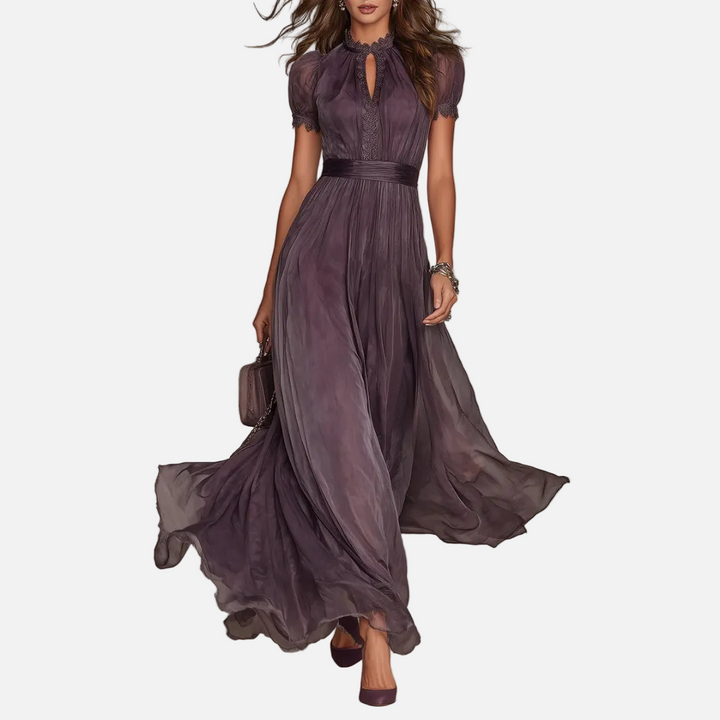 Vivienne - Haljina Maxi od Chiffon sa Čipkastim Okošem