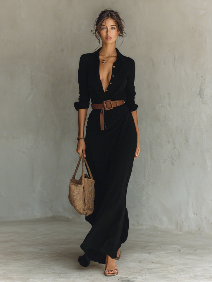 Maksikleid s rever kragnom i dugim rukavima