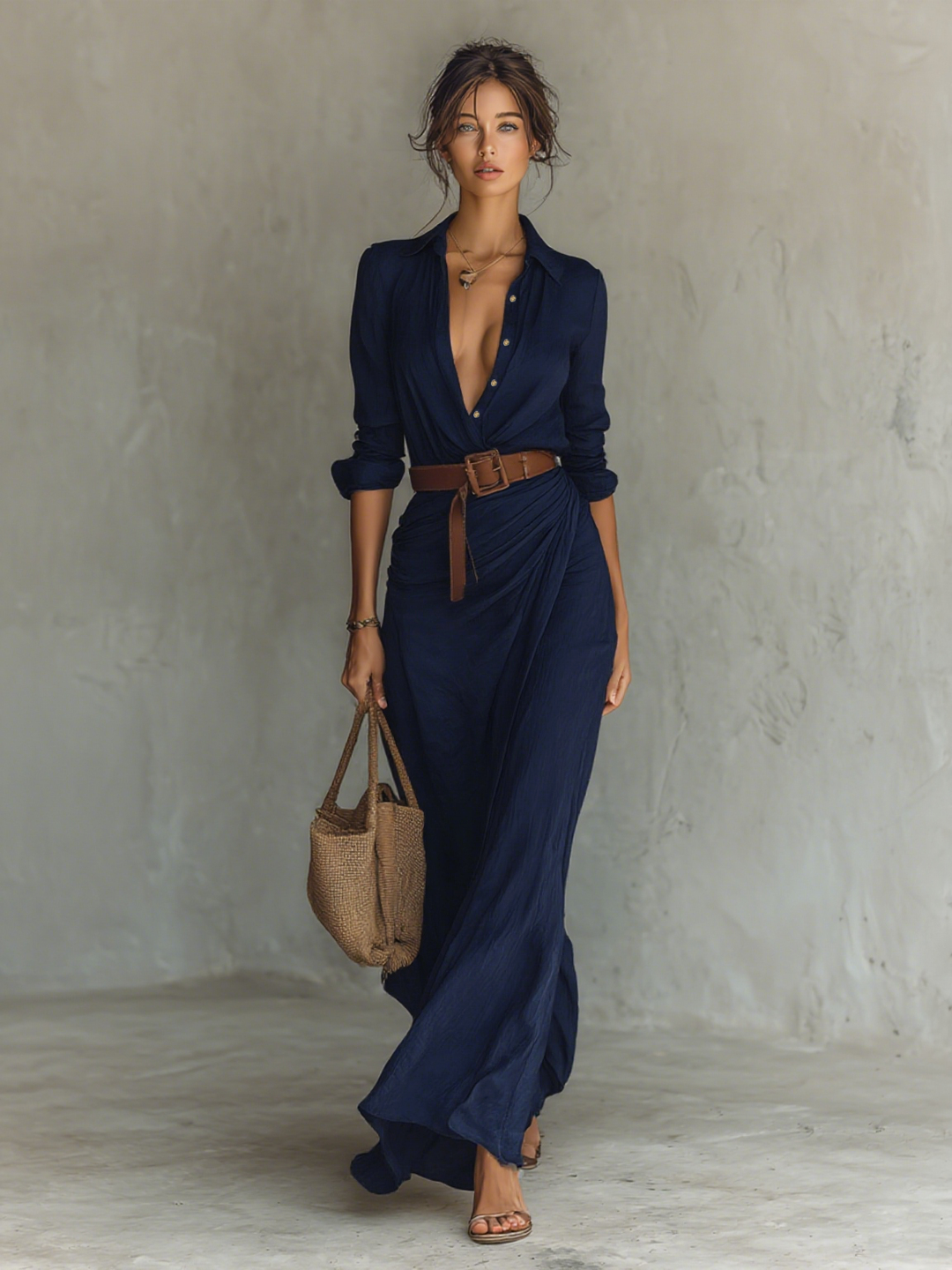 Maksikleid s rever kragnom i dugim rukavima