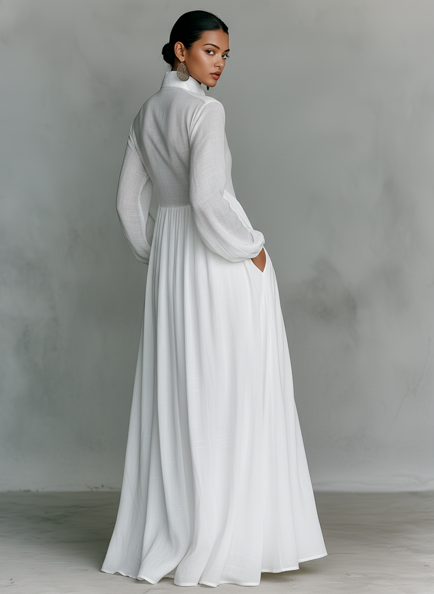 Patchwork Laneno Maxi Haljina sa Stojnim Ovratom