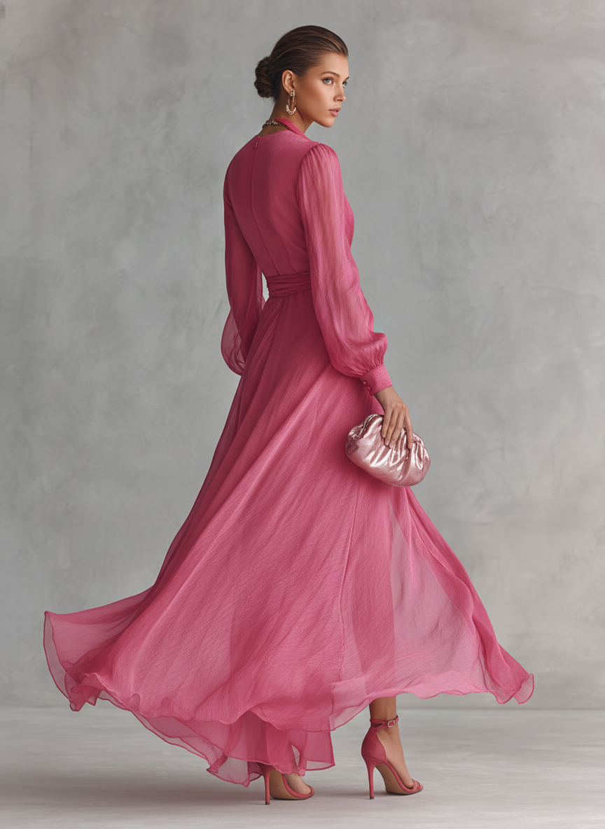 Roze Chiffon Haljina V-Izrez
