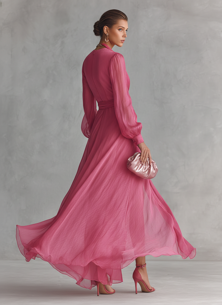 Roze Chiffon Haljina V-Izrez