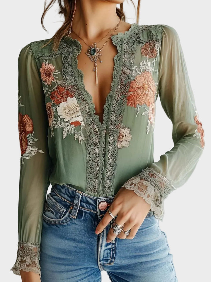Liora - Bluza sa Cvećem i Čipkom u Boemskom Stilu